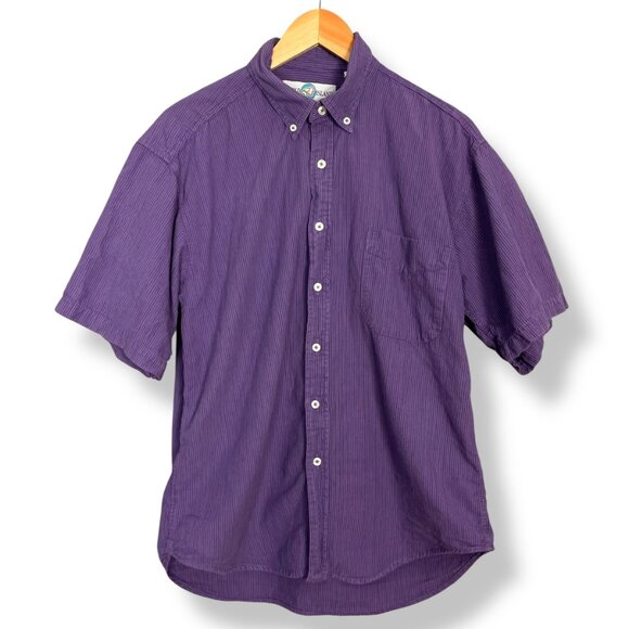 Vintage 90s Button-Down Shirt Purple Stripes Men Size Medium Short Sleeve Casual - Picture 1 of 11